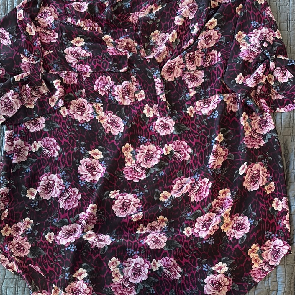 Torrid Pink/purple floral Blouse with low key cheetah print
